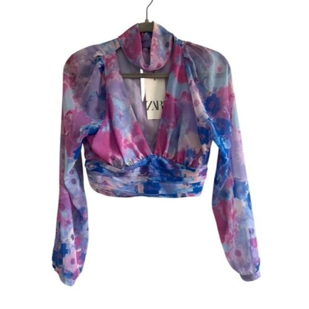 NWT Zara Blogger Favorite Floral Cropped Ruched Blouse Size Small